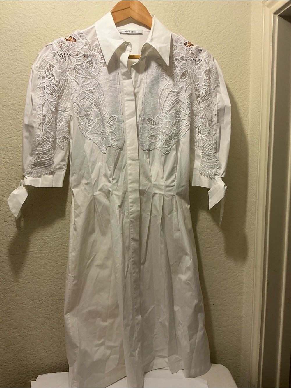 Alberta Ferretti White Lace-Yoke Midi Shirt Dress size 4